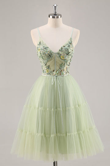 Green Applique Corset A Line Short Prom Dress